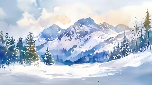 Snowy Mountain Peaks Watercolor Painting