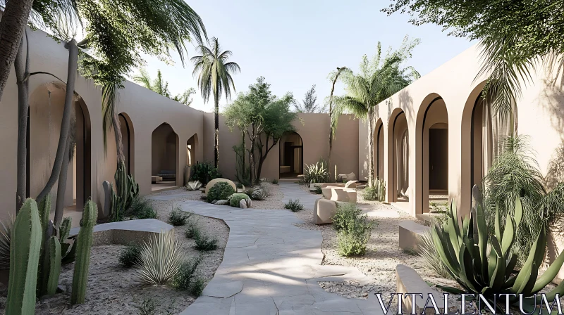 Serene Courtyard Oasis with Desert Plants and Arched Doorways AI Image