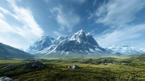 Mountain Range Landscape with Green Field