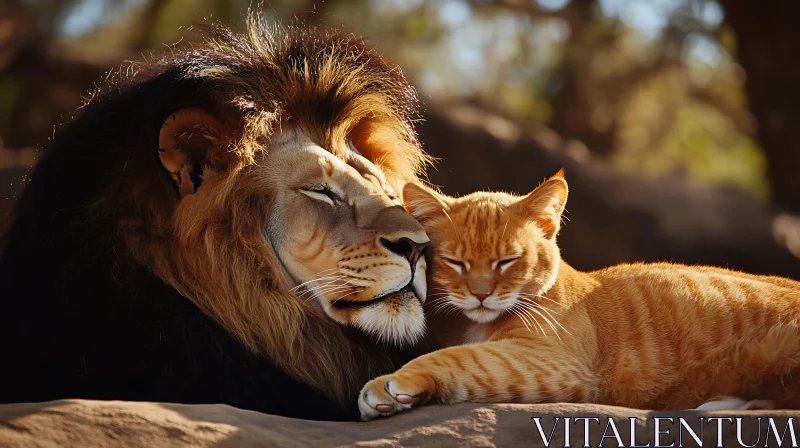 Unlikely Friends: Lion and Cat Cuddle AI Image