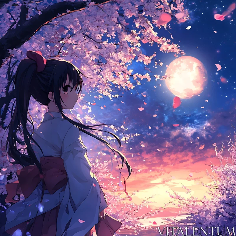 Anime Night with Cherry Blossoms and Moon AI Image