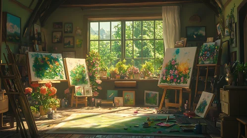 Artist's Creative Space with Flower Art