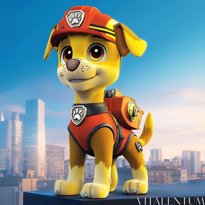 Puppy Adventurer with Red Helmet and City Background AI Image