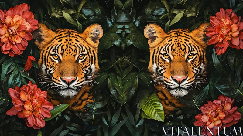 Symmetrical Tiger Faces with Floral Adornments AI Image