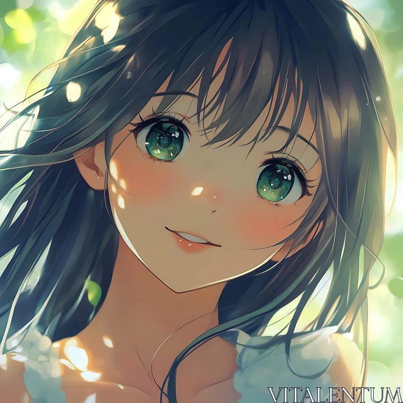 Sunlit Anime Girl with Green Eyes AI Image