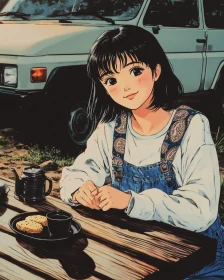 Outdoor Anime Girl with Vintage Car and Tea