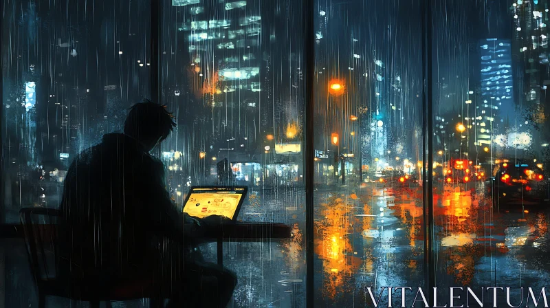 AI ART Night Cityscape Through Rain-Streaked Window