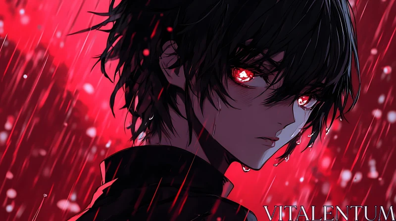 Anime Character in Rain with Red Eyes AI Image