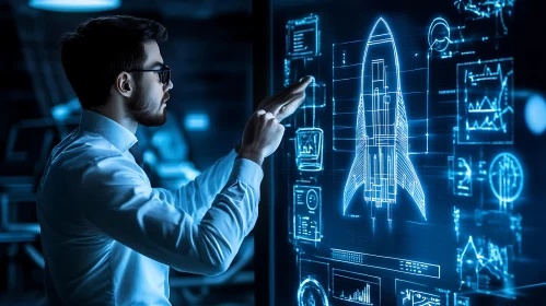 Man Interacting with Holographic Rocket Design