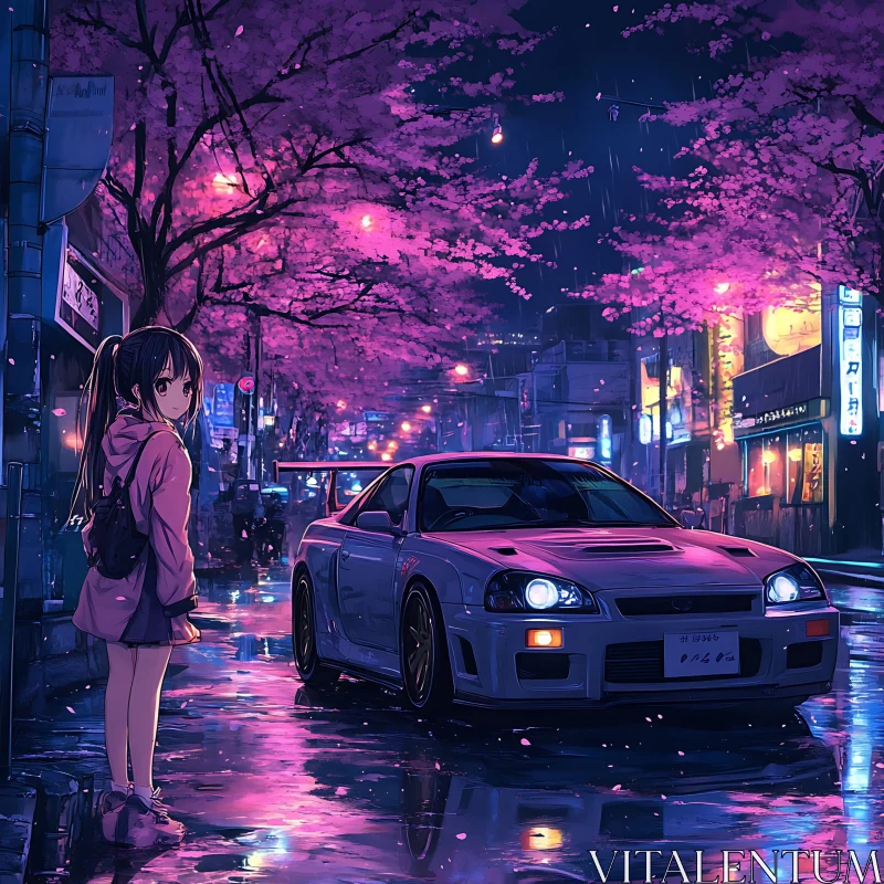 Night Cityscape with Anime Character and Car AI Image