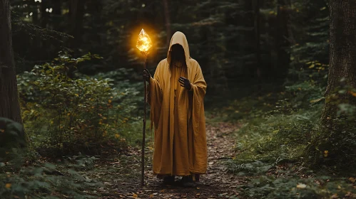 Cloaked Figure with Staff in Dark Forest