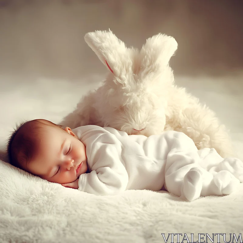 AI ART Infant Sleeping with Toy Rabbit