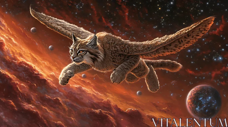 Winged Feline Soaring Through Space AI Image