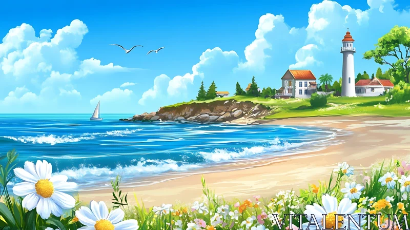 AI ART Coastal View with Lighthouse and Floral Meadow