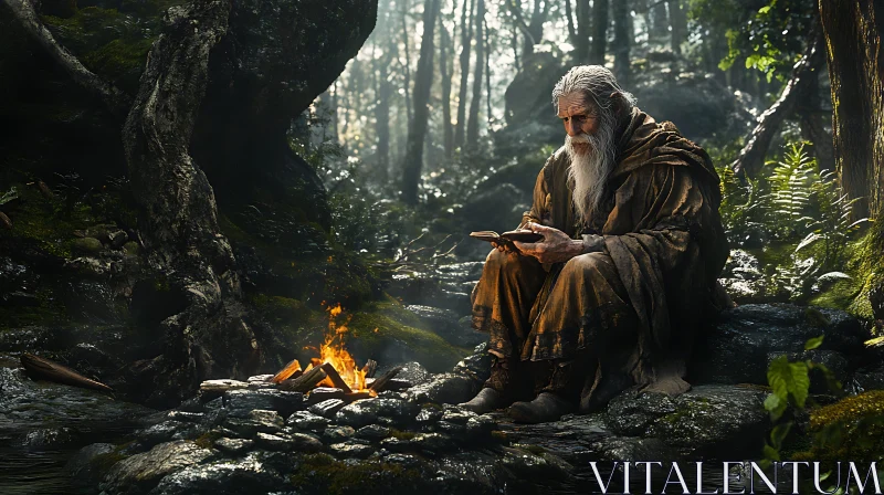 Old Man Reading in Woods AI Image