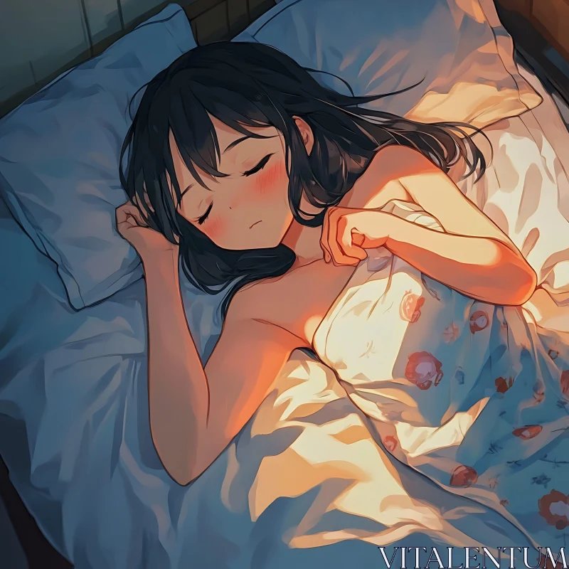 Sleeping Anime Girl Night Scene AI Image