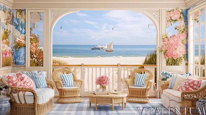 Beachfront Porch with Floral Accents AI Image