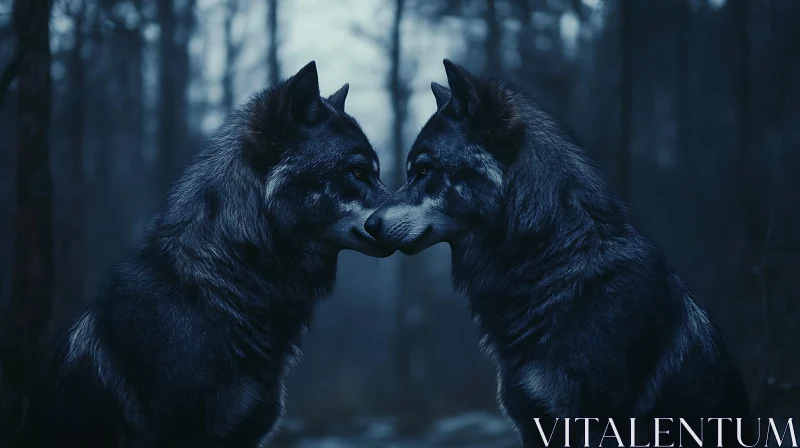 AI ART Touching Noses: Wolves in the Woods