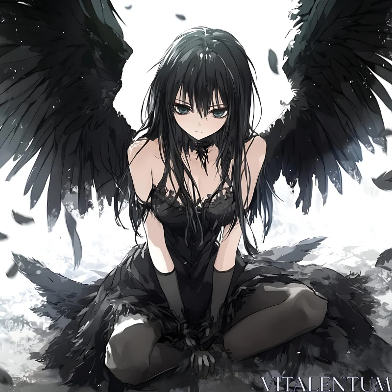 Melancholic Anime Girl with Black Wings AI Image