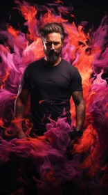 Abstract Colorist Image of Tattooed Man with Fire