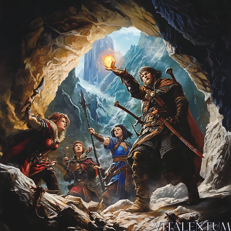 Fantasy Heroes in Cave Entrance AI Image