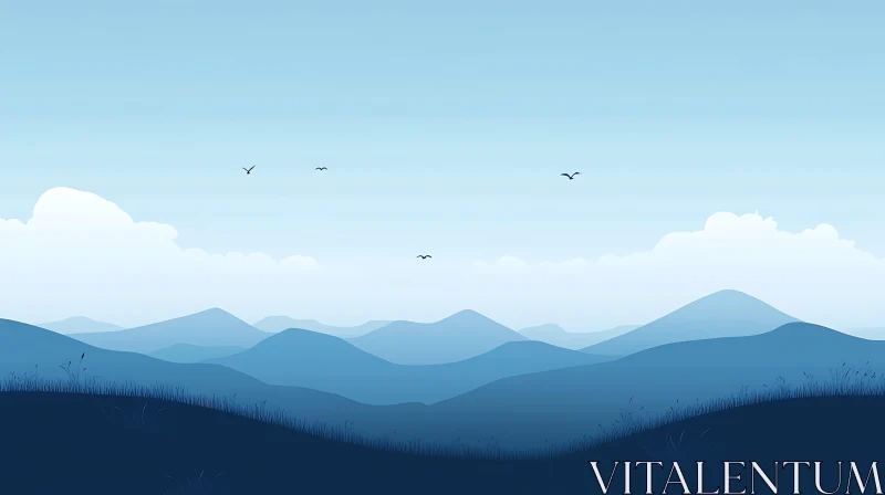 Layered Blue Mountains with Birds Silhouettes AI Image