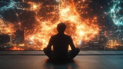 Man Meditating Before Futuristic Cityscape