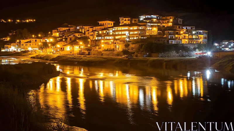 Illuminated City Buildings with River Reflection at Night AI Image