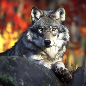 Resting Wolf in Fall Landscape