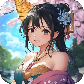 Anime Girl with Floral Kimono and Scenic Background