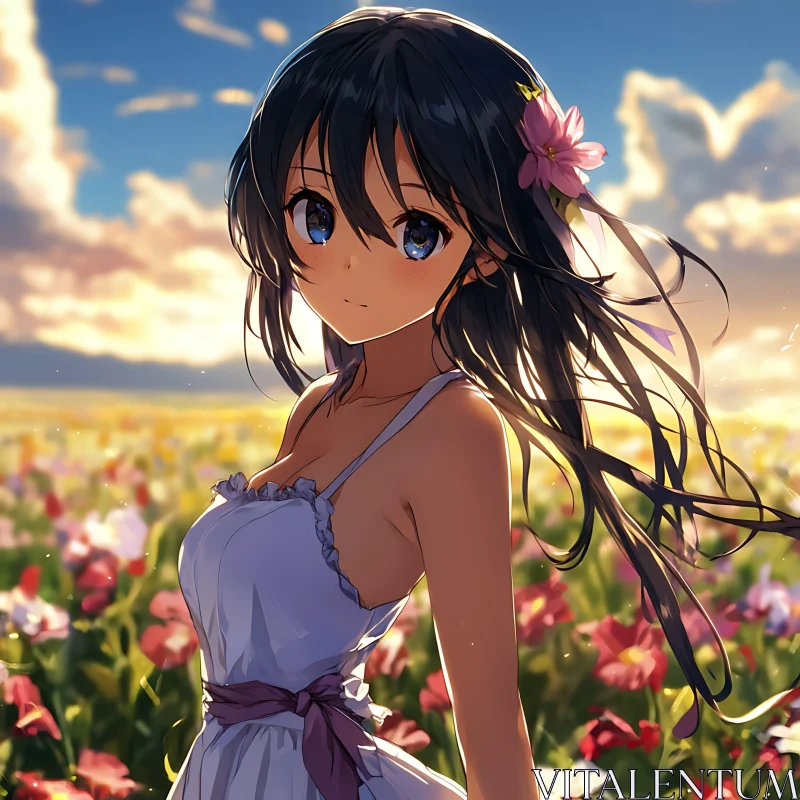 Sunset Flower Field with Anime Girl AI Image