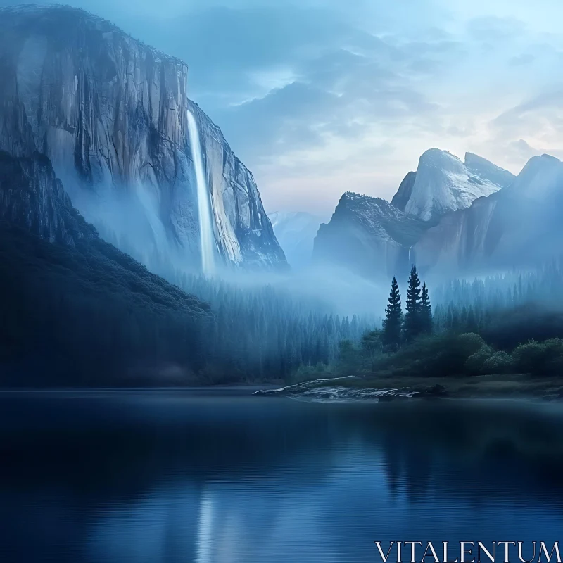 AI ART Peaceful Mountain Lake and Waterfall View