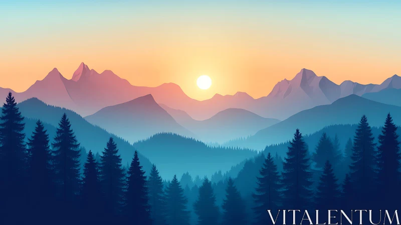 Tranquil Mountain Forest at Sunset AI Image