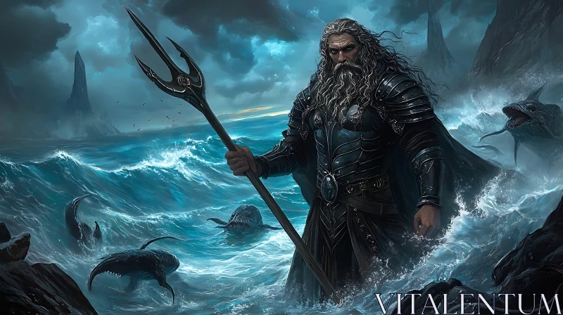 Ocean Ruler: Poseidon with His Trident AI Image