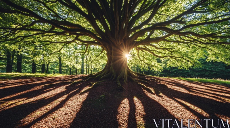 Sunlit Forest with Majestic Tree AI Image