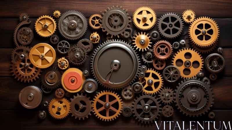 Intricate Ensemble of Gears and Cogs on Wooden Surface AI Image