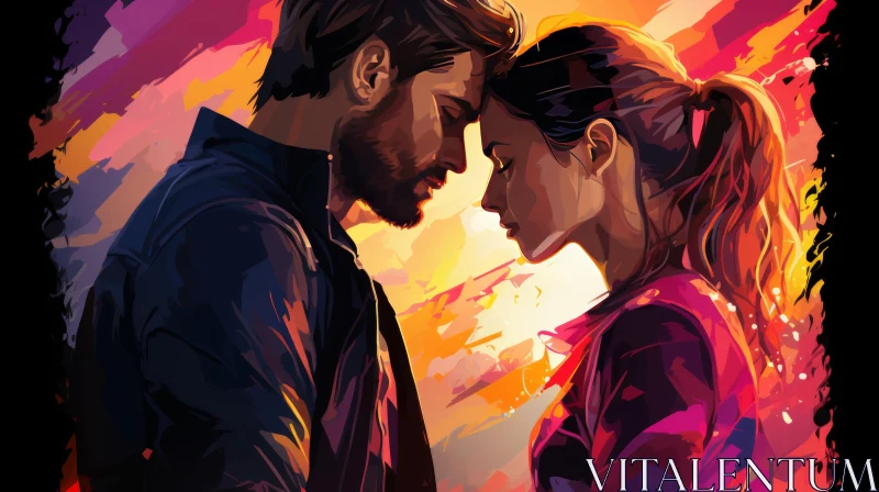 Outrun-inspired Colorful Painting of a Couple in Love AI Image