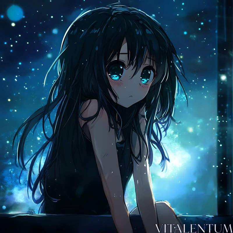 Pensive Anime Girl Under Starry Sky AI Image