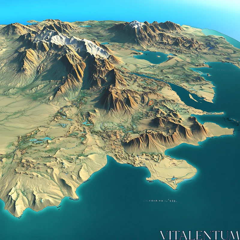 AI ART Mountainous Coastal Topographic Map