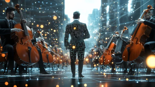 Digital Orchestra in a Glowing Cityscape