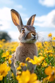 Hare in a Yellow Flower Meadow