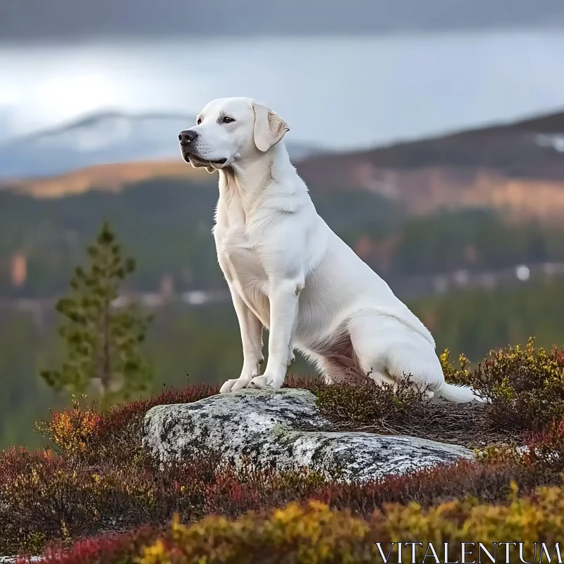 White Dog Overlooking a Breathtaking Natural Scene AI Image