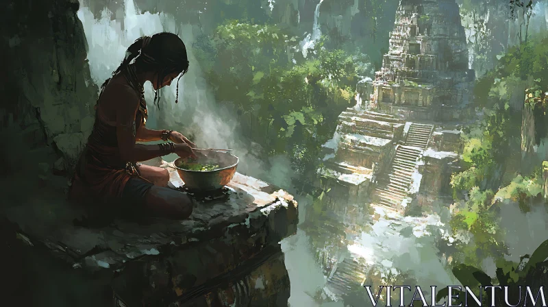 Woman Cooking Near Ancient Temple AI Image