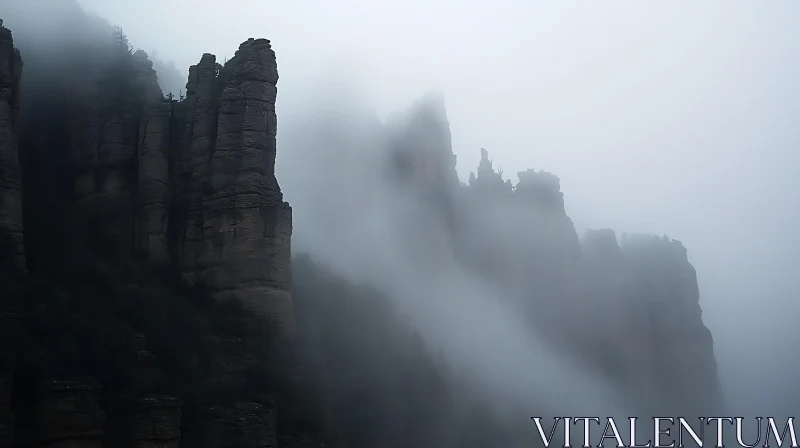 AI ART Ethereal Mountainscape in Dense Fog