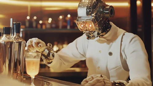 Cyborg Mixologist Serving Drink