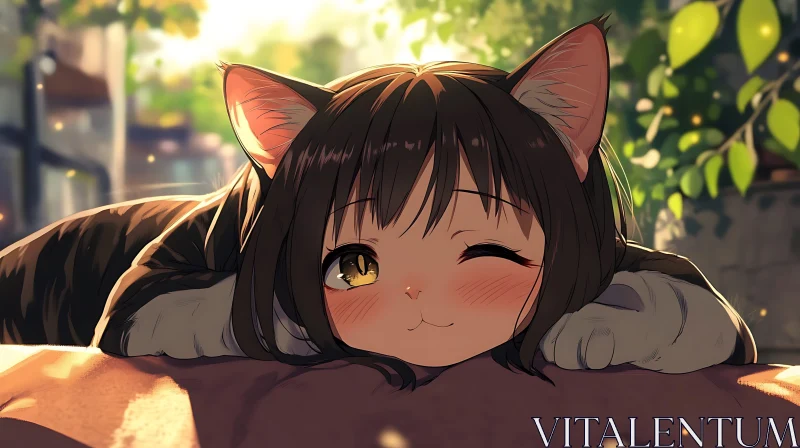 Cute Catgirl with Brown Hair and Sunlight AI Image