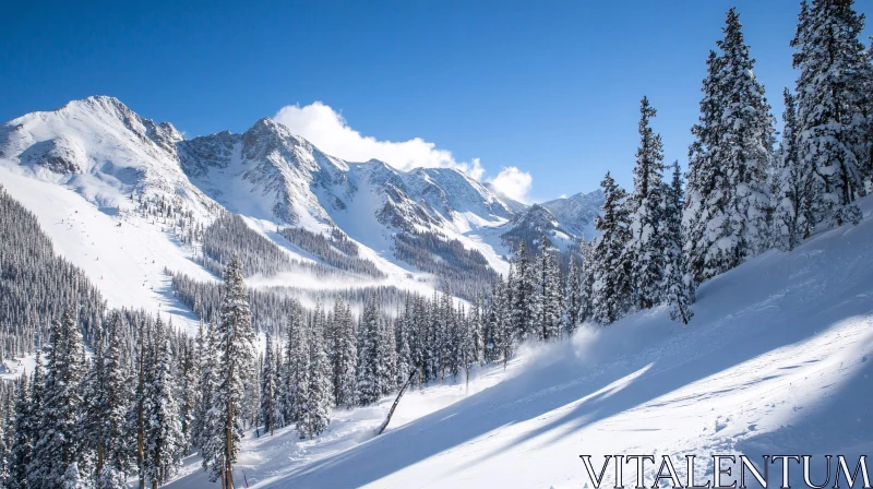 AI ART Winter Mountain Scene with Snow-Covered Trees