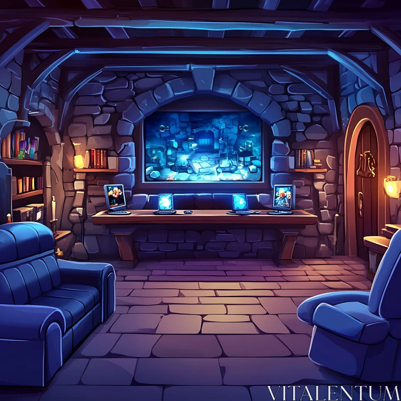 Cozy Stone Room with Laptops and Blue Light AI Image