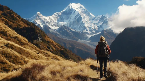 Hiker Admiring Snow-Capped Mountain Beauty