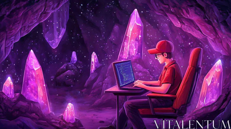 AI ART Man Coding in Crystal Cave